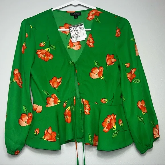 &Topshop green with orange flowers floral top blouse shirt with tie front new 4 - Picture 4 of 10
